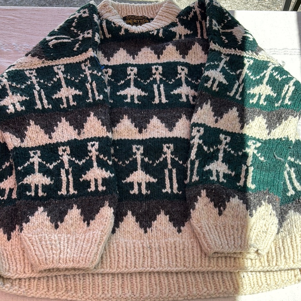 Mystic Green and Cream Crewneck Sweater with Whimsical Pattern
